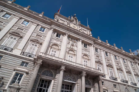 The Royal Palace of Madrid (Palacio Real de Madrid) is the official residence of the Spanish Royal Family at the city of Madrid, Spain. Interesting view from the bottom to top.のeditorial素材