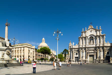 CATANIA, ITALY - SEP 13, 2015: Piazza Duomo, Cathedral Square, u Liotru, or the Fountain Elephant or Fontana dell'Elefante and Catania duomo. Catania, Sicily, Italy.のeditorial素材