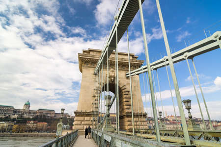 The Szechenyi Chain Bridge in Budapest, Hungary.の写真素材
