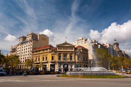 Barcelona, Spain - September 19, 2014: Fountain on the Passeig de Gracia. This street is one of the major avenues in the city. Barcelona, Spain.のeditorial素材