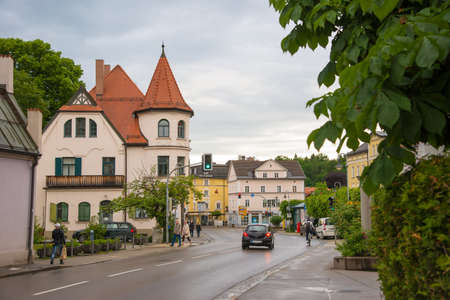 Fussen, Germany - June 4, 2016: View of historical street in Fussen with typical bavarian architecture buildings.のeditorial素材