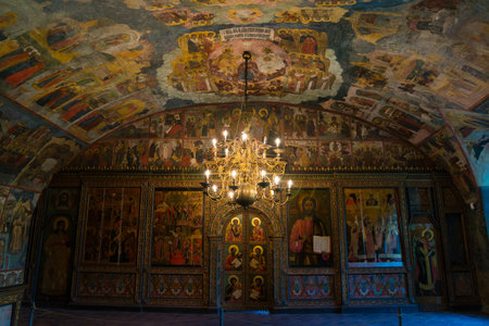 Yaroslavl, Russia - May 8, 2016: Interior of the Church of Elijah the Prophet in Yaroslavl. Golden...