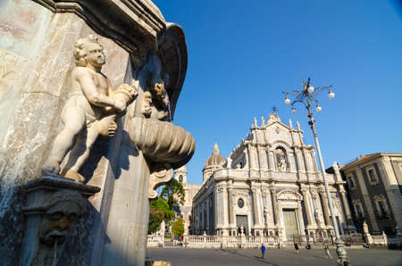 Decorative details of the fountain Elephant. Piazza Duomo or Cathedral Square with Cathedral of Santa Agatha - Catania duomo in Catania, Sicily, Italyの写真素材