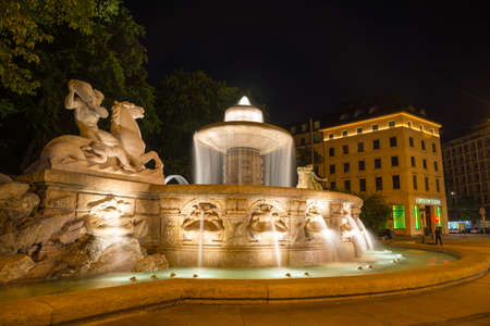 Munich, Germany - June 7, 2016: The famous fountain Wittelsbach at night in city center. Munich, Bavaria, Germanyのeditorial素材