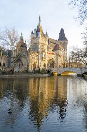 BUDAPEST, HUNGARY - FEBRUARY 22, 2016: Vajdahunyad Castle, City Park of Budapest, is designed in different styles: Romanesque, Gothic, Renaissance and Baroqueのeditorial素材
