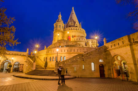 BUDAPEST, HUNGARY - FEBRUARY 23, 2016: Fisherman Bastion is a popular tourist attraction in Hungary, night view, Budapestのeditorial素材
