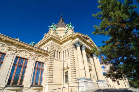 BUDAPEST, HUNGARY - FEBRUARY 22, 2016: The famous Szechenyi thermal Baths, spa and swimming pool in the Varosliget - main city park of Budapest, Hungaryのeditorial素材