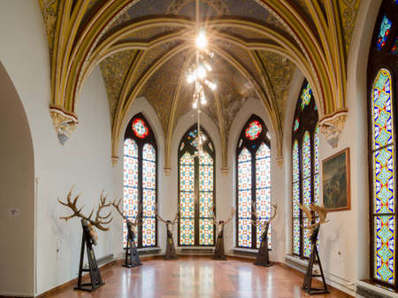 BUDAPEST, HUNGARY - FEBRUARY 23, 2016: The interior of the castle Vajdahunyad in Budapest. In one of the halls there is an exhibition of the Museum of agriculture.のeditorial素材