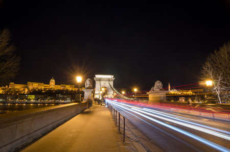BUDAPEST, HUNGARY - FEBRUARY 22, 2016: Beautiful night Budapest, the Chain bridge across the Danube river in lights and starry sky, cityscape suitable for desktop background or coverのeditorial素材