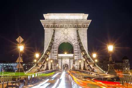 BUDAPEST, HUNGARY - FEBRUARY 22, 2016: Beautiful night Budapest, the Chain bridge across the Danube river in lights and starry sky, cityscape suitable for desktop background or coverのeditorial素材