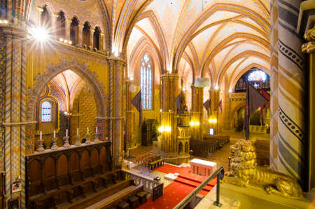 BUDAPEST, HUNGARY - FEBRUARY 23, 2016: Interior of Matthias Church is a Roman Catholic church located in Budapest, Hungary, in front of the Fisherman's Bastion at the heart of Buda's Castle Districtのeditorial素材