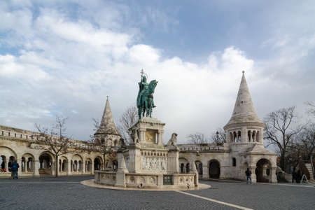 BUDAPEST, HUNGARY - FEBRUARY 23, 2016: Horse riding statue of Stephen I of Hungary, Fishermen's Bastion, Budapest, Hungaryのeditorial素材