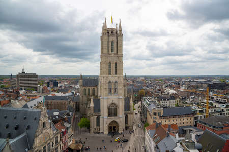 Ghent, Belgium - April 16, 2017: Aerial view on the center of Ghent with Saint Bavo Cathedral in Belgium, from the Belfry towerのeditorial素材