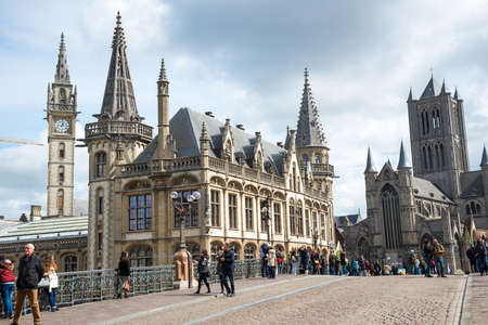 Ghent, Belgium - April 16, 2017: The Sint Michielsbrug bridge - the landmarks of Ghent, such as medieval mansions, St Nicholas Church and Belfort van Gent, Belgium.のeditorial素材
