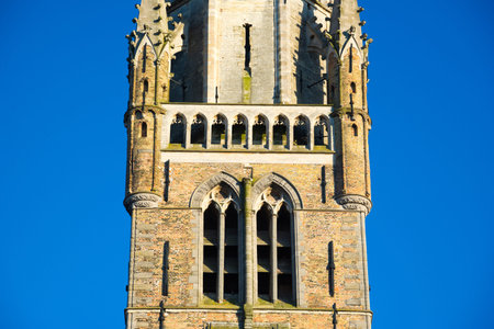 Detail of the Belfort van Bruges in the Grote Markt, Bruges, Belgium.