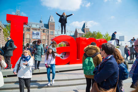 Amsterdam, Netherlands - April 20, 2017: Rijksmuseum and Statue I am Amsterdam at day, Netherlandsのeditorial素材