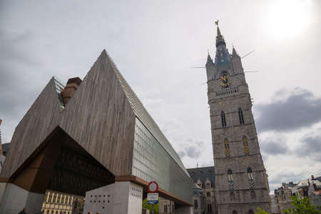 Ghent, Belgium - April 16, 2017: The Stadshal is a large stand-alone canopy in the inner city of Ghent. The construction was part of the city project to redevelop the squares and public spaces.のeditorial素材