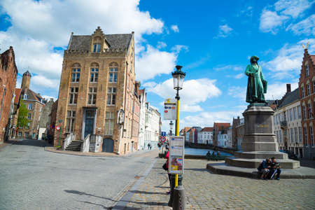 Bruges, Belgium - April 17, 2017: Statue of the Flemish painter Jan van Eyck in Bruges, Belgiumのeditorial素材