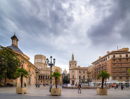 VALENCIA, SPAIN - SEPTEMBER 24, 2014: Square of Saint Mary's, fountain Rio Turia and Valencia...