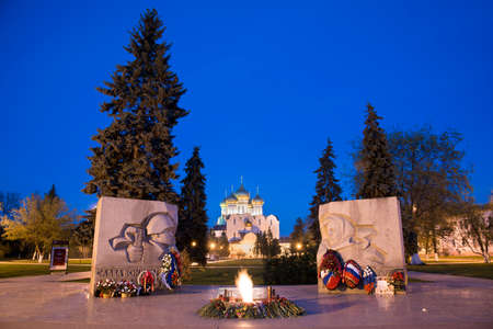 Yaroslavl, Russia - May 8, 2016: Night view of the Assumption cathedral and the war memorial in Yaroslavl, Russia. Golden Ring of Russia.のeditorial素材