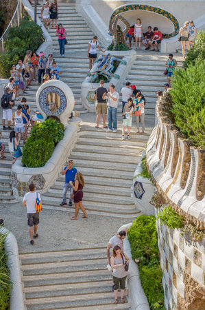 Barcelona, Spain - September 20, 2014: Staircase the Park Guell designed by architect Antoni Gaudi,...