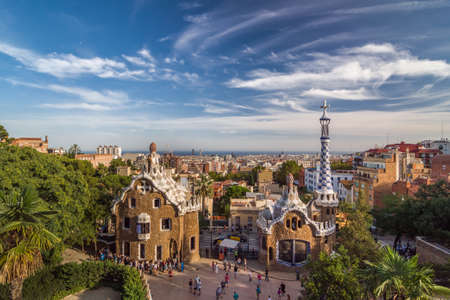 Barcelona, Spain - September 20, 2014: Park Guell by architect Antoni Gaudi in Barcelona, Catalonia, Spain. The two buildings at the entrance of the park.のeditorial素材