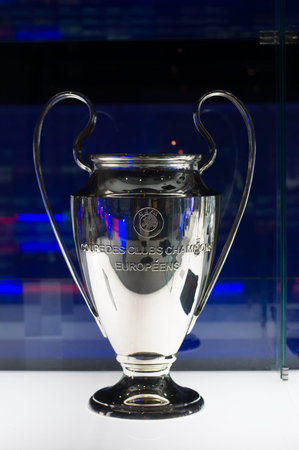 Barcelona, Spain - September 22, 2014: UEFA Champions League Cup in museum. UEFA Cup - trophy...