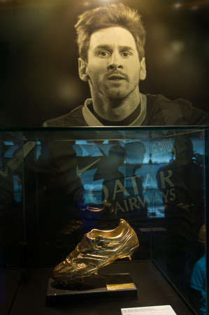 Barcelona, Spain - September 22, 2014: Lionel Messi and his Golden Shoe at the FC Barcelona museum. Camp Nou, Barcelona, Spain.のeditorial素材