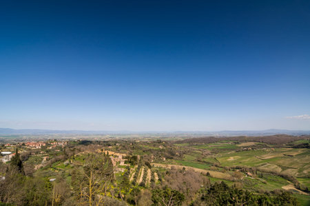 Panoramic spring landscape of Montepulciano, Tuscany, Italyの写真素材