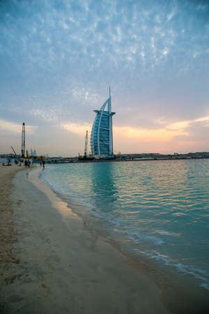 Luxury hotel Burj Al Arab at sunset, Dubai, United Arab Emiratesのeditorial素材