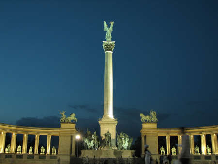 Colonnade of Heroes square of Budapest in the nightの写真素材