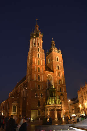 Church of Saint Mary in Krakow in the nightのeditorial素材