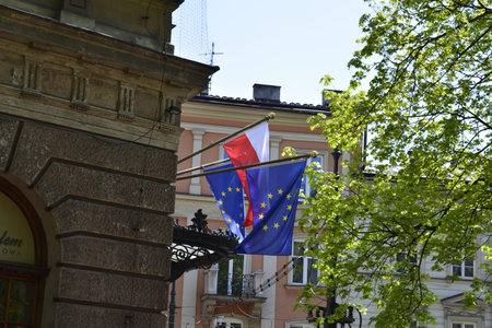 Flags of Poland and the European Union in Krakow