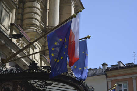 Flags of Poland and the European Unionのeditorial素材