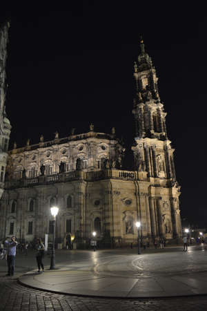 Hofkirche church in Dresden in the nightの写真素材