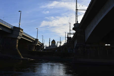 A mosque in Dresden between two bridgesの写真素材