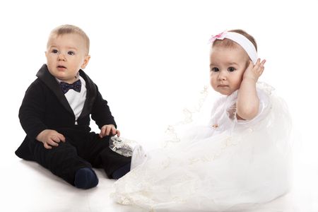 little boy and girl playing weddingの写真素材