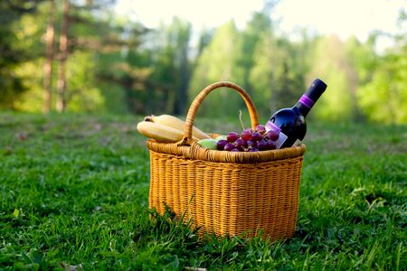 picnic basket with fruits and wine lying in the grassの写真素材
