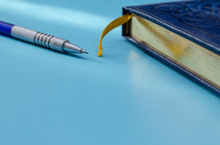 Embossed leather diary. Close-up. Selective focus. Eye level shooting.