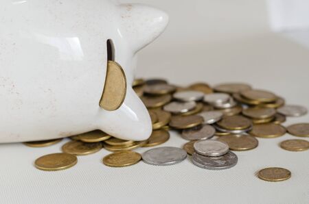 Piggy bank lying on its side on a light table. Ukrainian money. Eye level shooting. Side view. Selective focus. Blurred backgroundの写真素材