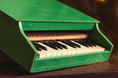 Wooden green musical instrument for preschool age. Vintage toy for children. Side view. Selective focus. Eye level shooting.の写真素材