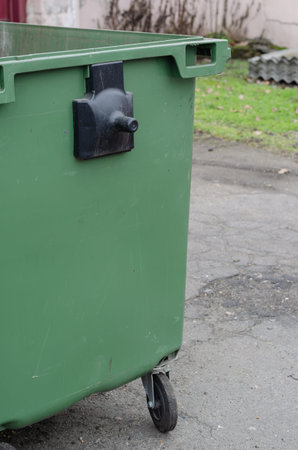 Open container on wheels. Eye level shooting. Close-up. Selective focus.