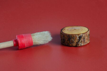 Saw cut pine impregnated with Danish wax. Side view. Eye level shooting. Selective focus.の写真素材
