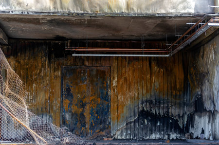 The consequences of a fire in a supermarket part 1 of 3 . Burnt walls of a grocery store. Fire as a...