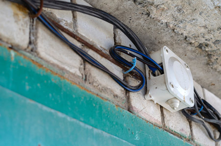 Junction box for wiring with electrical cables on the wall. Wires in black insulation are included...