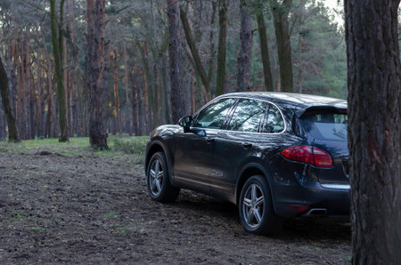Nikolaev, Ukraine, April 9, 2020: Porsche Cayenne in the forest. Premium black SUV in the morning...