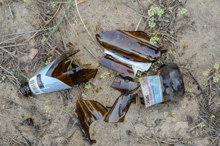 Odessa, Ukraine - April 9, 2020: Broken beer bottle in the sand. A bottle of light beer Robert Doms...