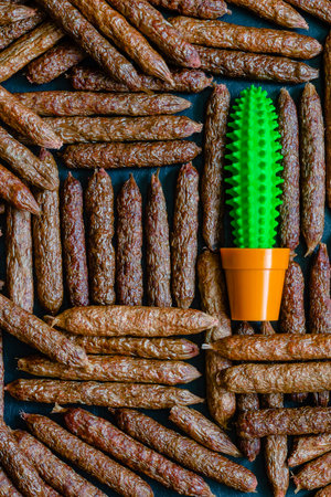 Rubber cactus toy among dried pet sausages. A lot of treats for dogs on a black table. Ornament of delicious dried sausages for domestic dog. Pet supplies. View from above. selective focus.の写真素材