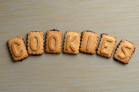 Cookies word spelled out with cookie letters. Seven cookies with the alphabet layered in one word....