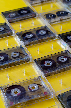 A collection of music on old audio tapes. Collection of favorite music on vintage cassettes. A set...
